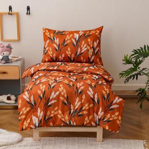 Luxlovery Toddler Comforter Set Orange Floral Botanical Kids Girls Leaves Bedding Set Bed Set for Dorm 4 Pieces (1 Comforter, 1 Flat Sheet, 1 Fitted Sheet, 1 Pillowcase)