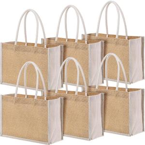 6 Pcs 12.6 x 8.6 x 5.1 Inches Burlap Tote Bags with Handle, Reusable Blank Jute Gift Bags for Wedding Bridesmaid Shopping Beach DIY