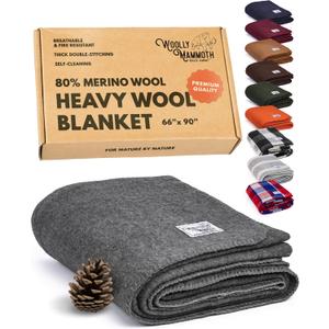Woolly Mammoth Woolen Co. | Extra Large Merino Wool Camp Blanket | Perfect Outdoor Gear | Bedroll for Bushcraft, Camping, Trekking, Hiking, Survival, or Throw Blanket at the Cabin (Gray), 66" x 90"