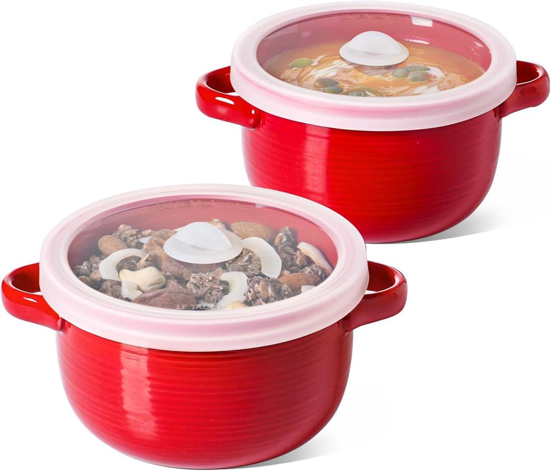 LE TAUCI Soup Bowls with Handles and Silicone Lids, 28 oz Ceramic Ramen Bowl Microwavable, Oven Safe French Onion Soup Bowls for Noodles and Cereal, Lead & Cadmium Free Soup Crocks, Set of 2, Red