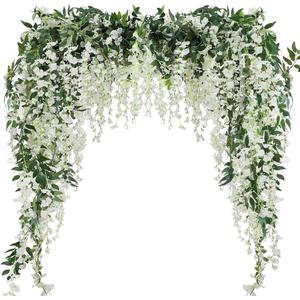 3Pcs 7.2Ft/Piece Artificial Flowers Wisteria Garland Artificial Wisteria Vine Hanging Flower Greenery Garland for Home Garden Outdoor Wedding Arch Floral Decor (White)