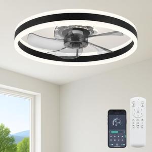 Fszdorj 23.6'' Ceiling Fan with Light, Upgraded Low Profile Fan, Flush Mount Ceiling Fan, 6 Speeds, Dimmable LED, App & Remote Control, Quiet DC Motor, for Bedroom, Living Room, F105 Black