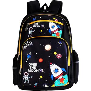 Rafaelle Kids Backpack for Boys Elementary Kindergarten with Astonauts Outer Space Ship Alien Galaxy Prints Large Capacity Preschool School Bag (black, 16 * 12 * 7 Inch / 40 * 30 * 17 cm)