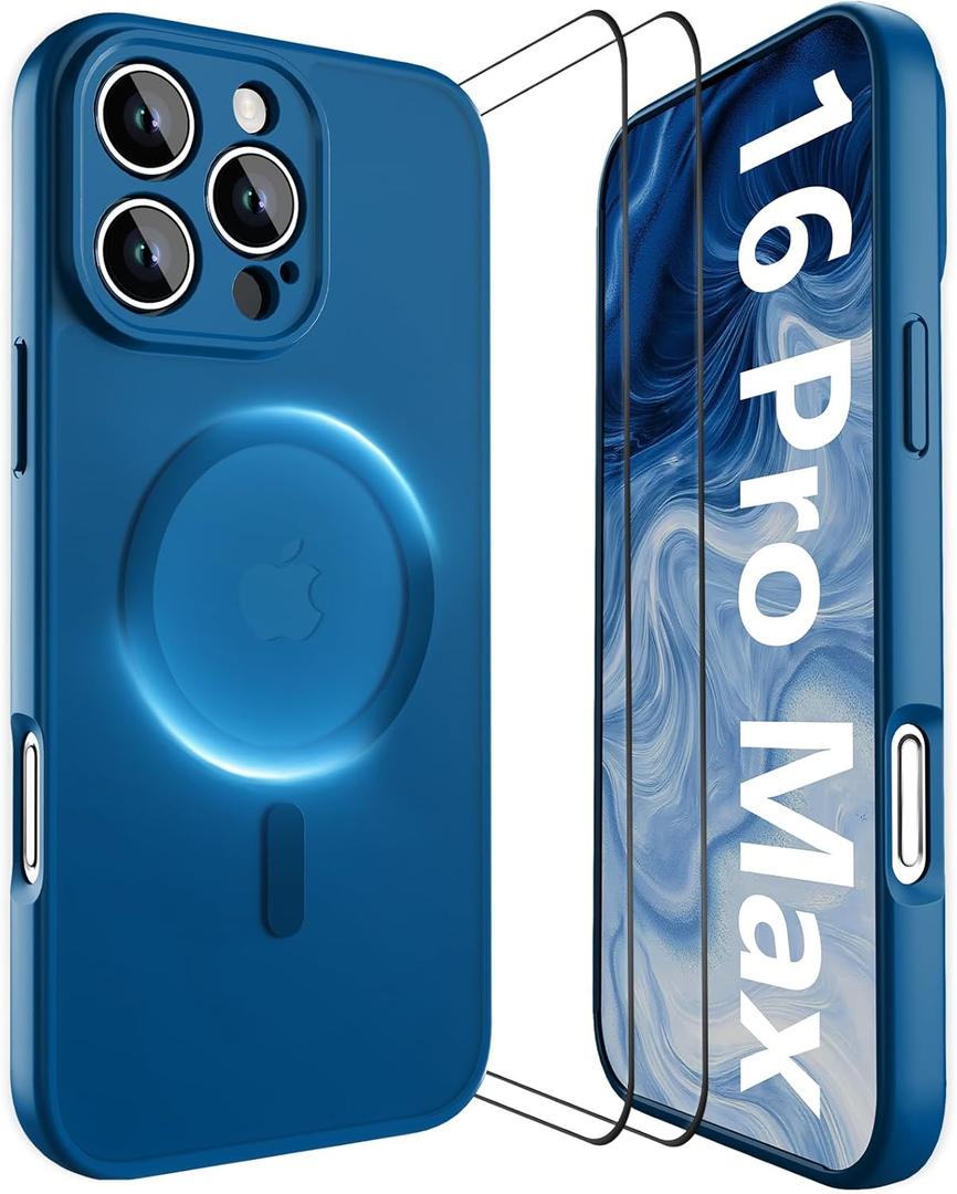 YFEMLAZ Magnetic for iPhone 16 Pro Max Case,with Screen Protectors X2,Full Camera Protection,Compatible with MagSafe,Translucent Matte,Anti-FingerprintShockproof Protective Phone Case,6.9",Blue
