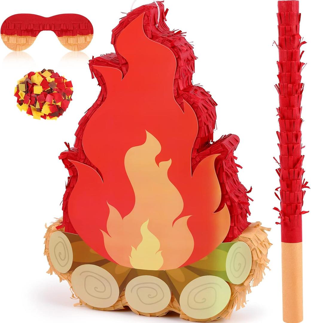 Small Camping Campfire Piata Fake Flame Party Birthday Party Decoration Camping Adventure Baby Shower Photo Props with Wooden Stick Paper Confetti Set for Kids Boys and Girls,16.1 x 10.2 x 2.8 Inch