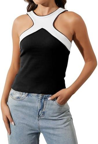 ACCPUR Women Color Block Cut Out Criss Cross Halter Tank Y2k Summer Sexy Sleeveless Backless Cami Shirt Tops, Large