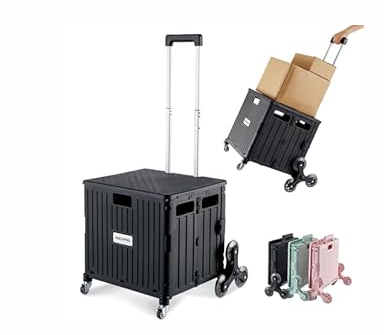 MACOPRO Foldable Utility Cart with Stair Climbing Wheels, Collapsible Rolling Crate with Telescoping Handle, Folding Shopping Trolley Handcart Grocery Book File Tool Teacher Storage Basket (Black)