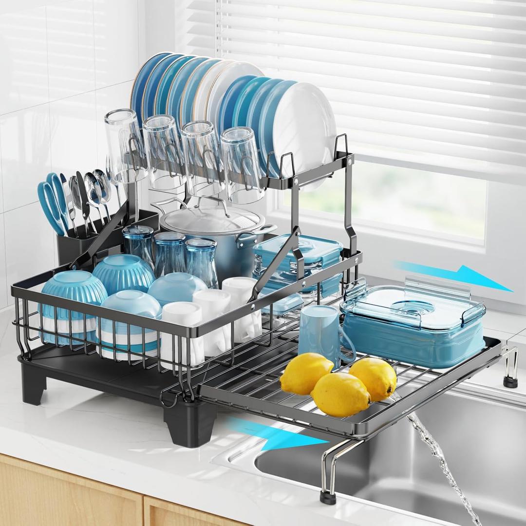 GSlife Large Dish Drying Rack 2 Tier, Expandable Kitchen Dish Drainer for Pots and Pans, 360 Swivel Spout, Rust-Resistant Metal Dish Rack with Utensil & Cup Holder, 16.9" W x 14.4"-22.4" L, Black