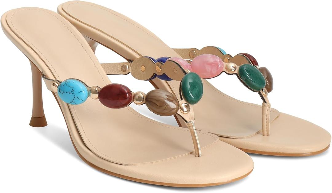 Jeweled Flip Flop Kitten Heels for Women Open Toe Beaded Strappy High Heels Sandals Slip On Thong Heeled Mules Mid Heel Fashion Party Dress Shoes, 9