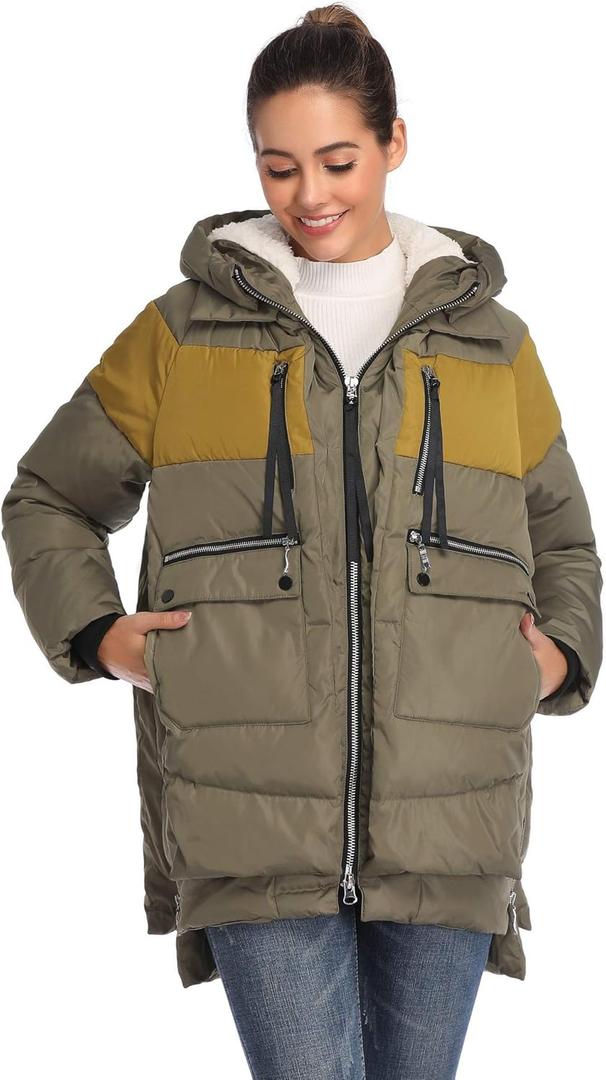 Women's Winter Thickened Down Jackets Long Down Coats Warm Parka With Hood (Colorblock-mung Bean&dry Yellow), XS