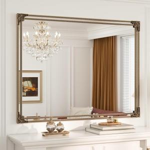 Keonjin Gold Vintage Mirror 48 x 36 Inch, Antique Mirrors Rectangle, Traditional Mantel Decoration, Baroque Style Wall Decor for Hallway, Fireplace, Entryway, Living Room, Anti-Rust, Waterproof