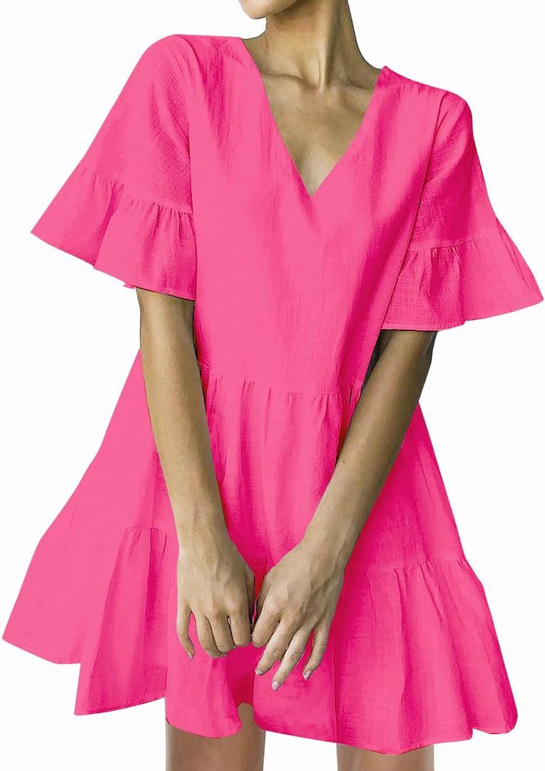 FANCYINN Womens V Neck Cute Shift Dress with Pockets Bell Sleeve Ruffle Hem Loose Swing Summer Tunic Mini Dress XL