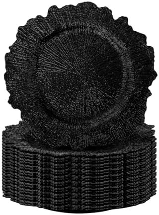 FANTEKE 50 Pack Round Black Charger Plates 12.6 Inch Plastic Black Reef Charger Plate Decor Round FloralCharger Plates for Wedding Party Dinner Event Birthday and Holiday Decoration