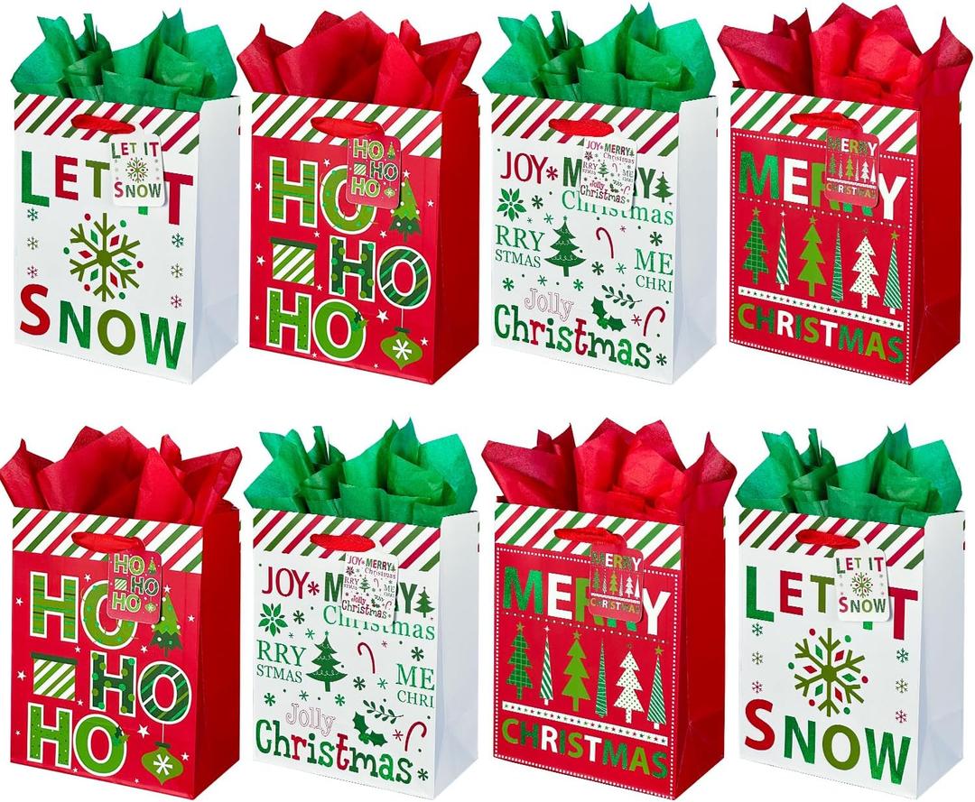 GITMIWS 12 Pack Christmas Paper Gift Bags with Tissue Paper, 9'' Medium Christmas Treat Gift Bags Bulk with handles, Xmas Shopping Tote Goodie Bag for Kids, Xmas Party Favor Decor