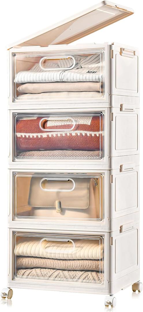 4-Tier Stackable Storage Bins with Lids, 23QT Storage Containers,Clear Foldable Plastic Drawer Storage on Wheels,Closet Organizers and Storage for Living Room,Bedroom,Office,Dorm (Milky white-4Pack with 1 lid & wheels)