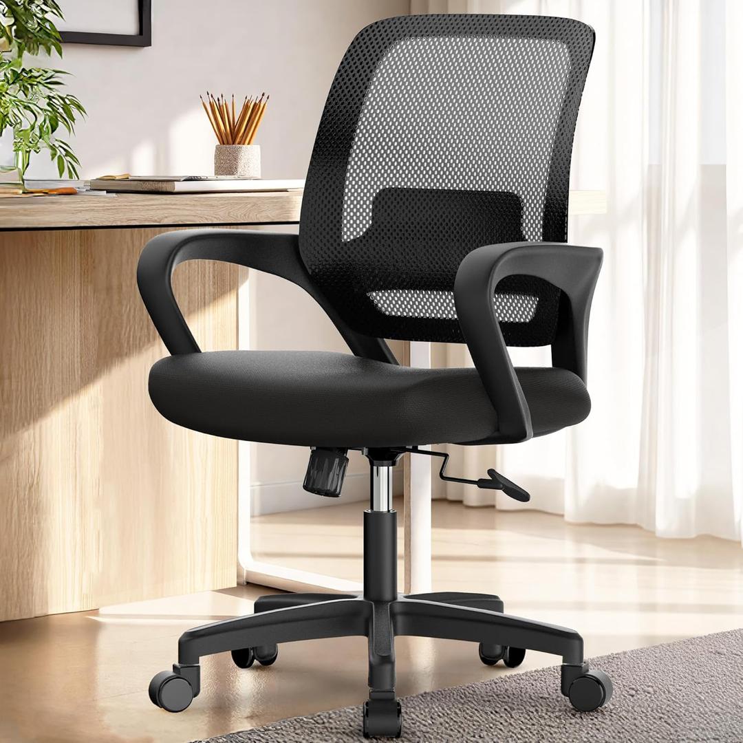 NEO Chair Office Desk Mesh Chair Ergonomic Computer Mid-Back Chair with Comfy Lumbar Support Wheels Swivel Adjustable Height Rolling for Home Vanity Bedroom Study (All Black)