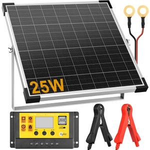 Solar Panel Kit 25W 12V, Monocrystalline Waterproof Solar Battery Trickle Charger Maintainer & Upgrade Controller & Adjustable Mount Bracket, for Boat Car RV Motorcycle Marine Automotive
