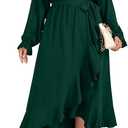 Women Plus Size Formal Dresses Fall Long Sleeve Faux Wrap V Neck High Low Ruffle Cocktail Wedding Guest Maxi Dress, 3XL