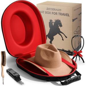Hat Case for Fedora, Waterproof Hat Travel Box, Crush Proof Hat Can Storage for Panama, Tweed Hats, Hat Carrier, Black Exterior,Red Interior, Small, Men's Western Gifts