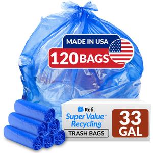 Reli. SuperValue 33 Gallon Recycling Bags (120 Count) Made in the USA - Blue Trash Bags, 30-33 Gallon | Recycling, Garbage | 33Gal with 30Gal - 35Gal Capacity