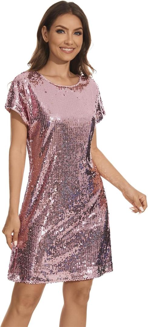 FEMI SEMI Women's Crewneck Sequin Shift Dress Short Sleeve Casual Holiday Sparkly Party Dress (Pink, L)