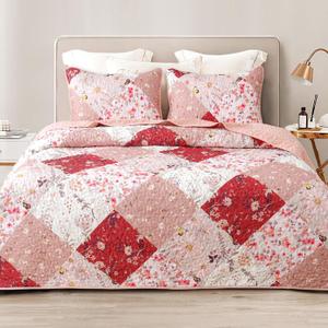 Whale Flotilla Reversible Patchwork Quilts Full Queen Size, Lightweight Boho Printed Bedspreads Coverlets Quilt Bedding Set with 2 Pillow Shams for All Seasons, Red