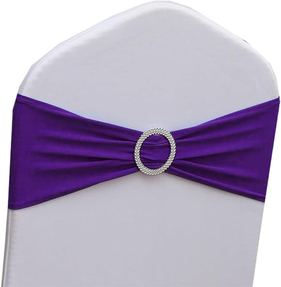 Spandex Purple Chair Sashes 50 Pack, Chair Bands with Buckle Slider for Wedding Party Folding Chairs Decor