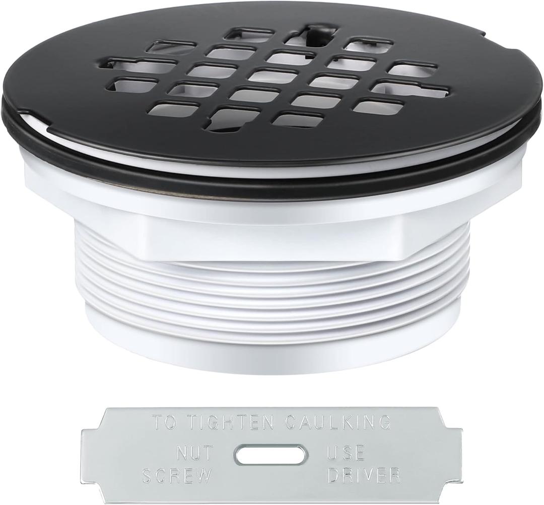 Enhon 4-1/4" OD Shower Drain Assembly, Snap in Shower Base Drain and Matte Black Round Grid Strainer Cover, Fits 2 in. Schedule 40 ABS and PVC Pipes, Stainless Steel Cap, ABS Drain Base