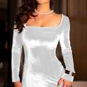 GOBLES Women's Sexy Velvet Long Sleeve Square Neck Bodycon Cocktail Party Mini Dress (White)