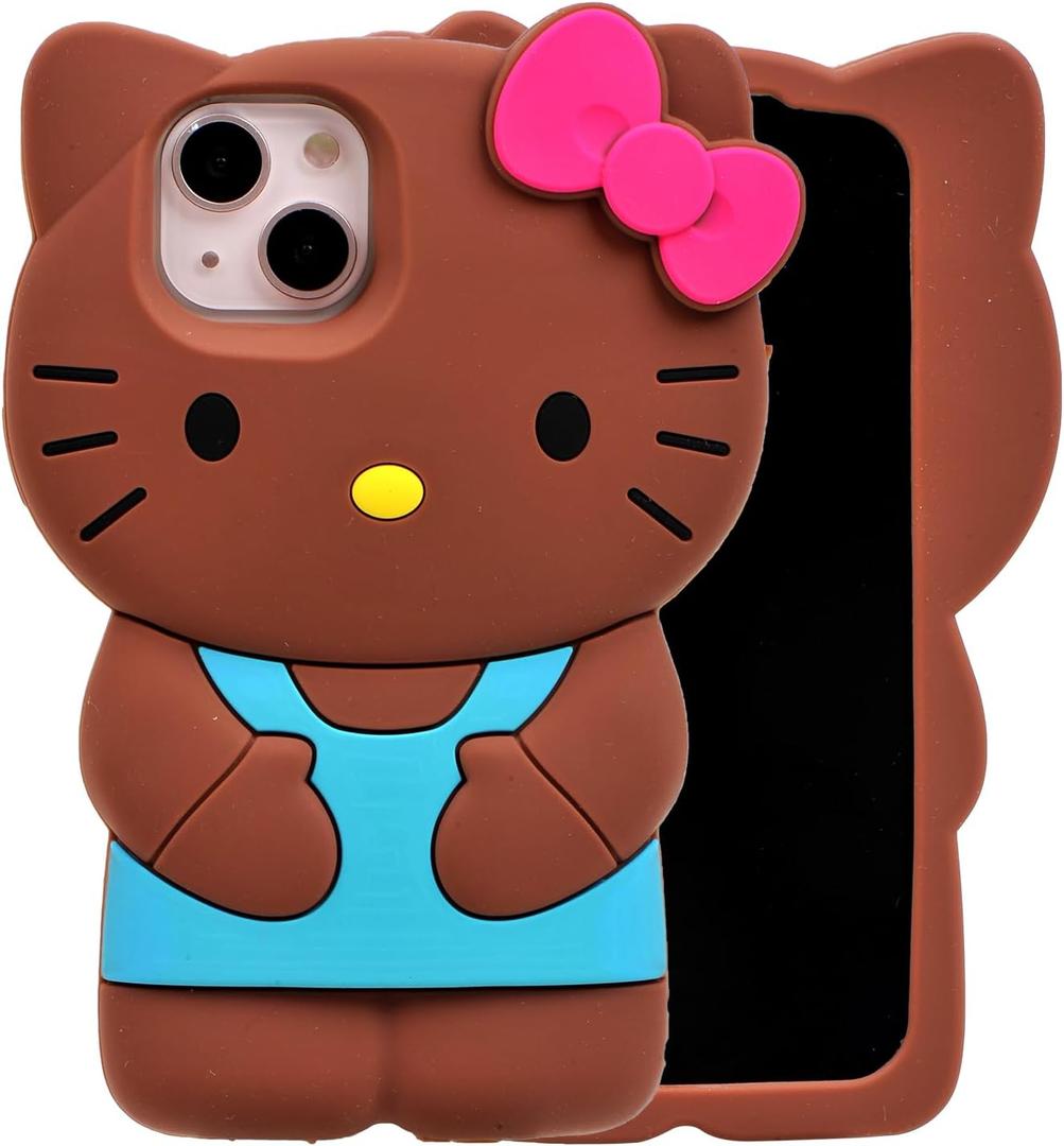 Cartoon Case for iPhone 15 6.1", Fashion Cute 3D Cute Kitty Kawaii Soft Silicone Animal tective Gel Shockof Gel Back Cover for Kids Women Girls Boys (Brown-1)