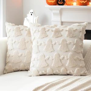 OTOSTAR Set of 2 Ghost Pillow Covers Halloween Throw Pillow Covers for Sofa Couch Bed Living Room Soft Plush Short Wool Velvet Farmhouse Throw Pillow Covers for Thanksgiving Cream Beige 20x20 Inch