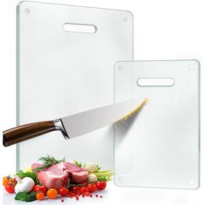 Tempered Glass Cutting Board for Kitchen, 2PCS Clear Chopping Board with Handle (16"x12" & 12"x8"), Plastic Free, Scratch Resistant, Heat Resistant, Dishwasher Safe, Non-toxic, Easy to Clean