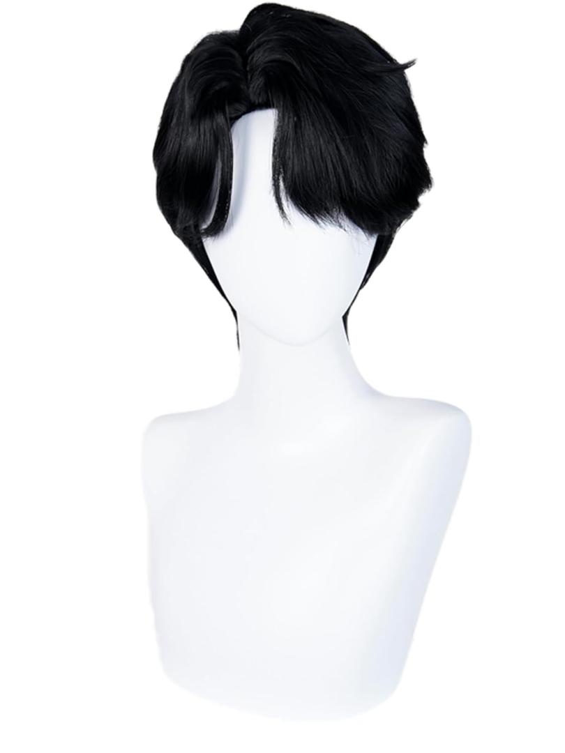 Short Black Anime Cosplay Wig with Bangs Men's Black Side Part Wigs for Halloween Party Unisex Costumes