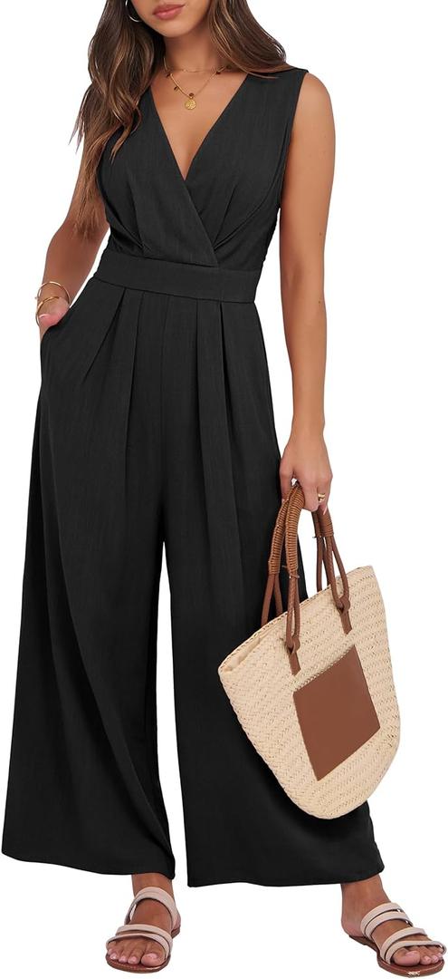 ANRABESS Women Jumpsuits Sleeveless V Neck Elegant Dressy Casual Backless One Piece Pants Romper 2025 Summer Outfits (Medium, Black)