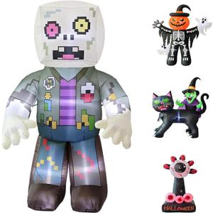 LANGXUN 8ft Pixel Zombie 2025 Halloween Inflatable Decoration - Giant Blow-Up Outdoor Indoor Cute Skeleton Ghost Yard Decor with LED Lights for Lawn, Garden, Patio Party Display