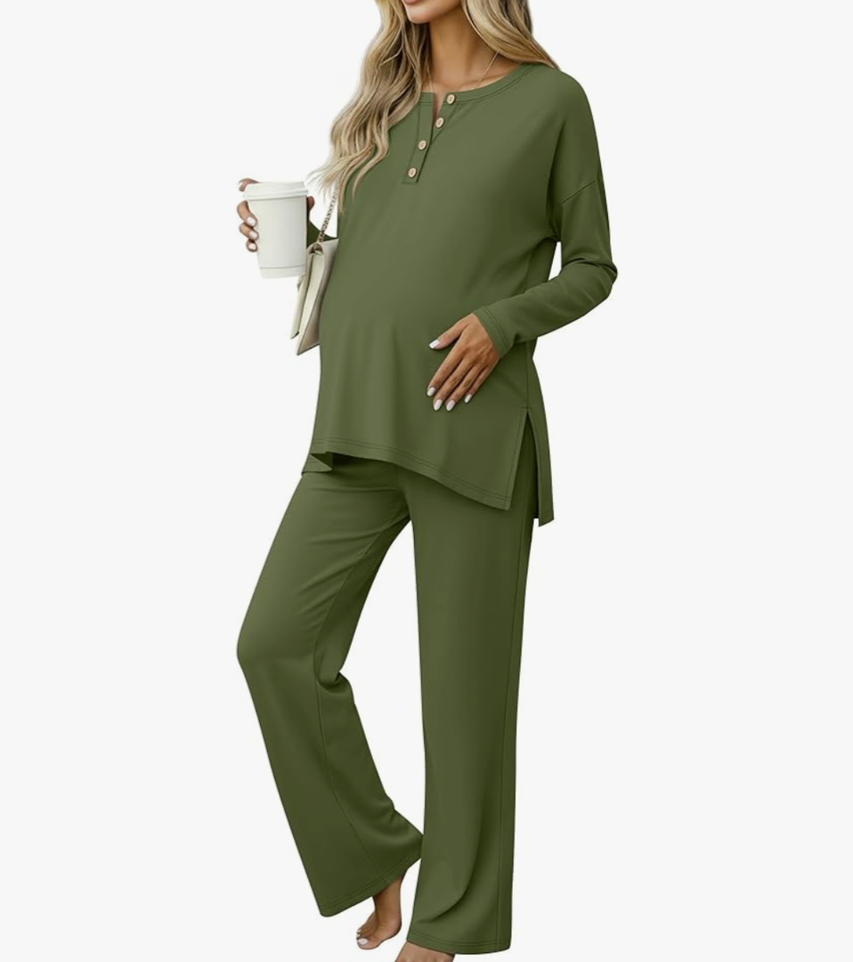 Women's Maternity Pajamas Sets, Long Sleeve Pregnancy Postpartum Delivery Lounge Nursing Pjs with Pockets Pjs Size L