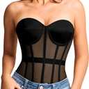 Kaei&Shi Sheer Mesh Overbust Corset,Sexy Strapless Lace Up Satin Bra Corsets Top For Women Shapewear (12, Black)