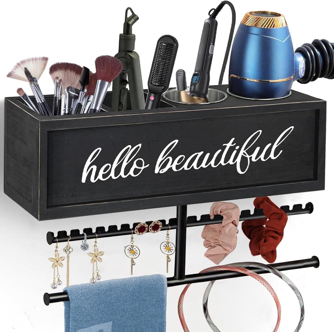 Rustic Hair Dryer Holder Wall Mounted,Hair Styling Tools & Accessories Organizer,Bathroom Supplies & hot Tools vanities Organizer Caddy,for Storage Flat Iron,Blow Dryer,Curling Iron,Towel (Black)