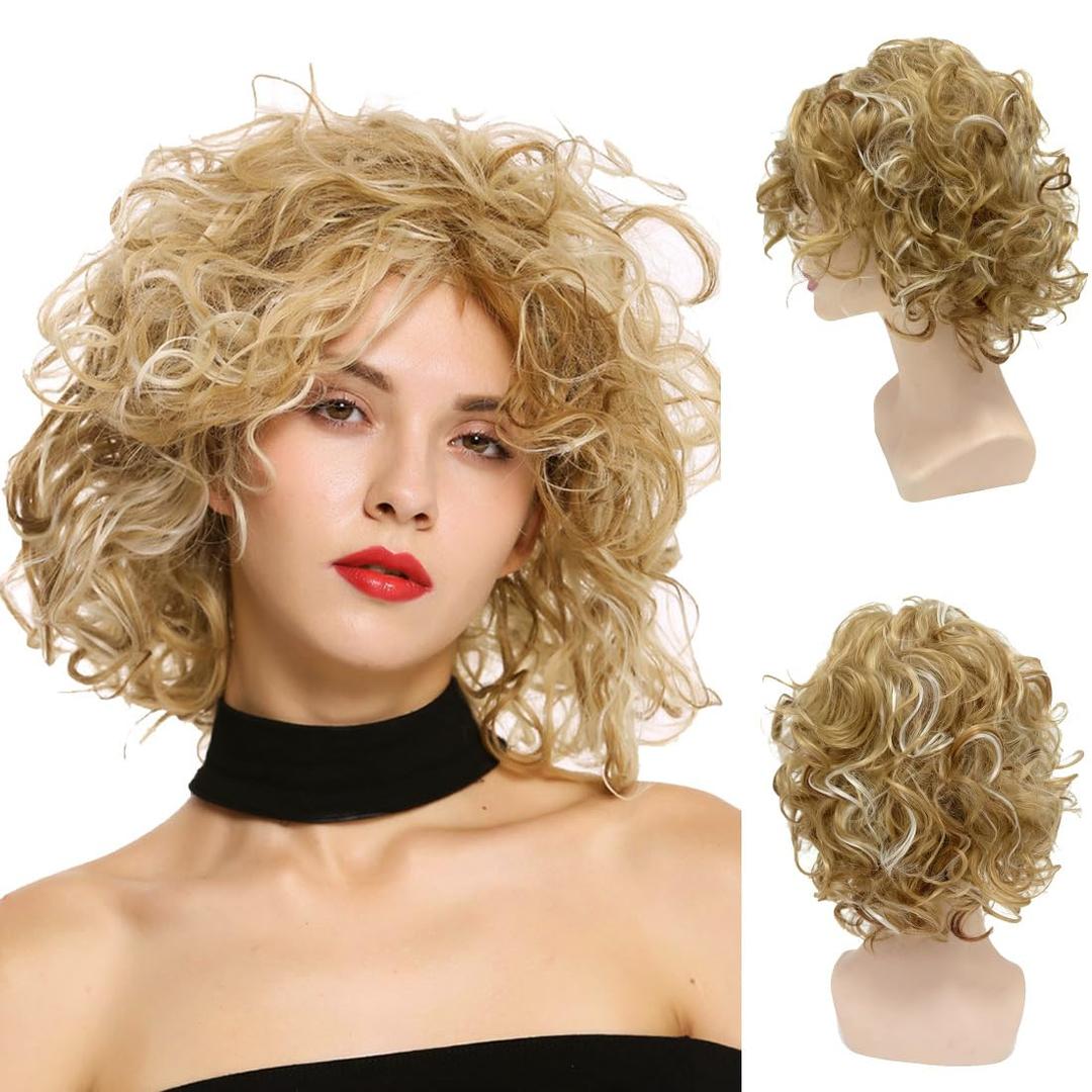 Sallcks Short Curly Blonde Wig for Women Shaggy Curly Natural Synthetic Heat Resistant Cosplay Costume Wig (Mixed Blonde with Brown White Highlight)
