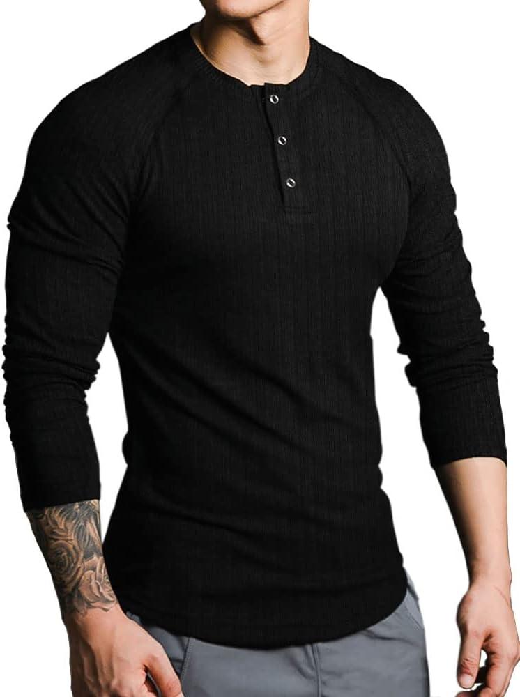 Lehmanlin Mens Thermal Shirt Long Sleeve Muscle Henley Slim Fit Cotton T-Shirt Fashion Casual Ribbed Top (Medium)