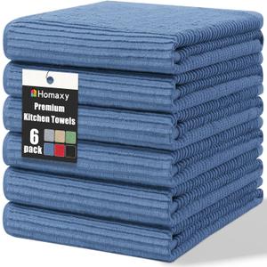 Homaxy Premium Kitchen Towels (18"x 28", 6 Pack), Large 100% Cotton Kitchen Hand Towels, Ultra Absorbent Ribbed Terry Tea Towels Set with Hanging Loop, Navy Blue