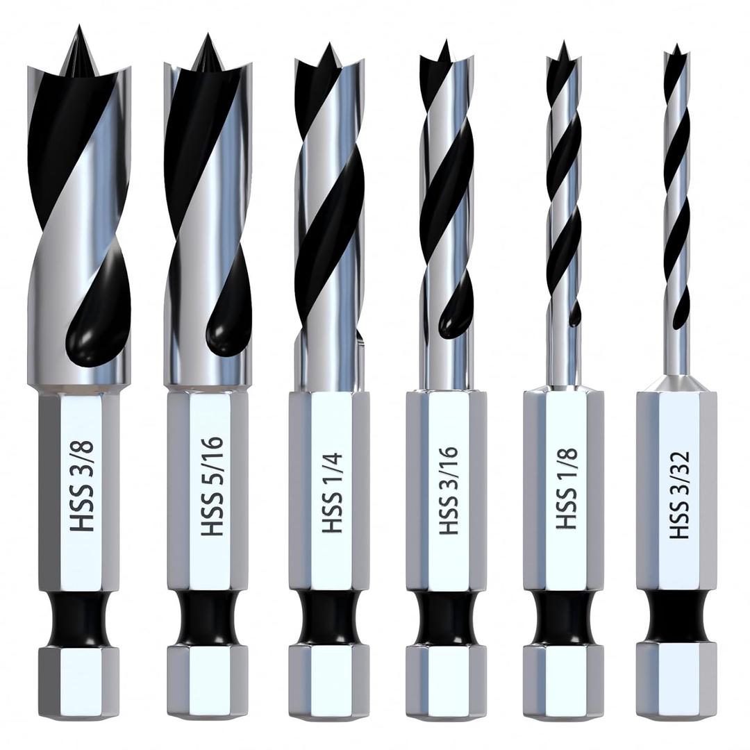 Stubby Brad Point Wood Drill Bit Set, 6pcs Hex Shank Short Length Drill Bit Set with Double Flutes Design for Carpenter Woodworking and All Types of Wood (3/32" - 3/8")