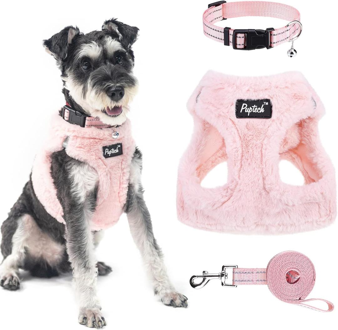PUPTECK Adjustable Dog Harness Collar and Leash Set Step in No Pull Pet Harness for Small Medium Dogs Puppy and Cats Outdoor Walking Running, Soft Mesh Padded Reflective Vest Harnesses, Plush Pink M (M (CHEST 16"-18"))