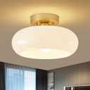 WOKNOS Mid-Century Modern Gold Semi Flush Mount Ceiling Light, Kitchen Ceiling Light Fixture with Glass Shade, Vintage White Close to Ceiling Lamp for Entryway Hallway Bathroom (11.0 Inch)