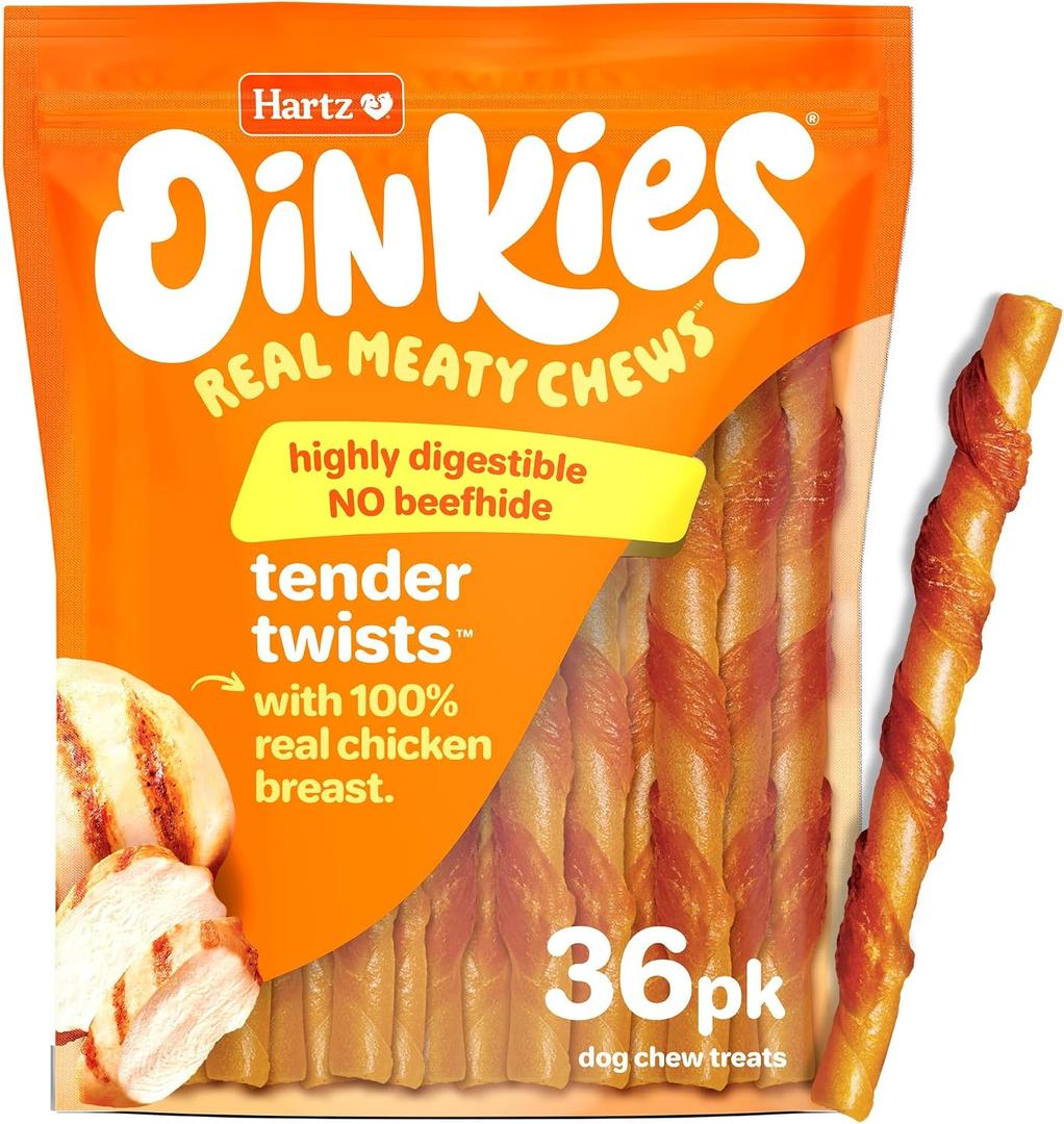 Hartz Oinkies Tender Twists with Real Chicken Breast Rawhide-Free Dog Treats, Highly Digestible Dog Chews, 36 Count (EXP 08/01/26)