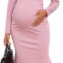 2025 Fall Maternity Dress Faux Two-Piece Long Sleeve Square Neck Mermaid Bodycon Pregnancy Dresses Casual Baby Shower (Pink, XL)
