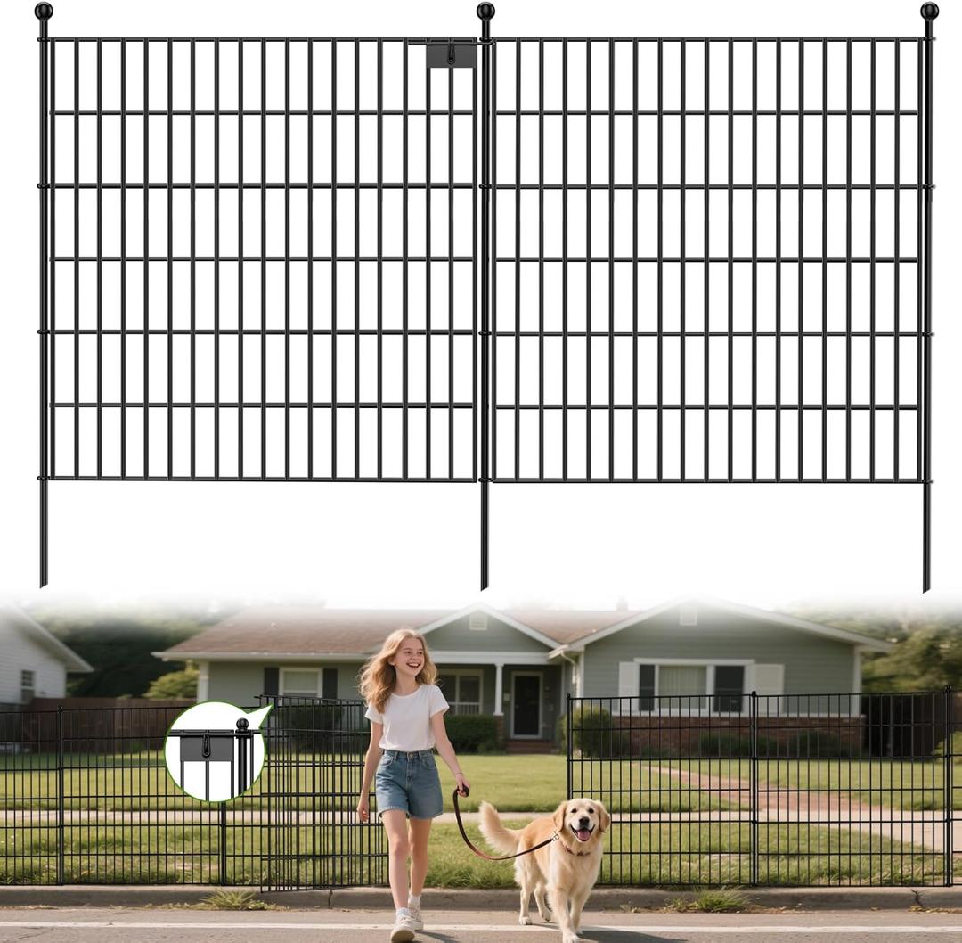 Land Guard 20 Panels No Dig Decorative Garden Fence with Gate for Yard, 30 in(H) x 50 ft(L) Removable Dog Fence Outdoor for Yard, Rustproof Metal Animal Barrier Ground Stakes