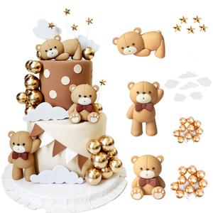 Cute Bear theme birthday cake decoration, party supplies, cake topper, containing 3 bears, 20 golden orb, 6 clouds, 5 stars. Can be cleaned and applied repeatedly