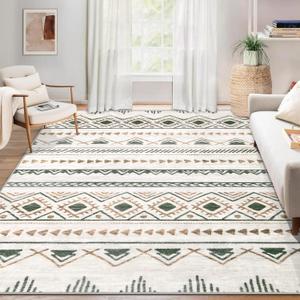 Area Rug for Living Room 6x9: Large Washable Boho Moroccan Rugs Geometric Neutral Rug, Non-Slip Foldable Morden Farmhouse Indoor Floor Carpet for Bedroom Dining Table Home(Brown Green,6'x9')