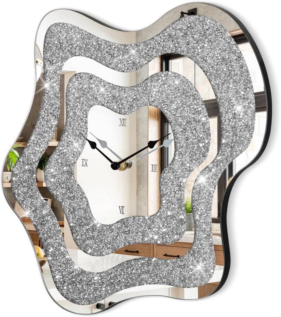 Wall Clock Silver Irregular Mirror Glass Clocks Cute Crystal Crushed Diamond Clock for Wall Decorative, Perfect Home Decor for Living Room Bedroom Dining Room Office